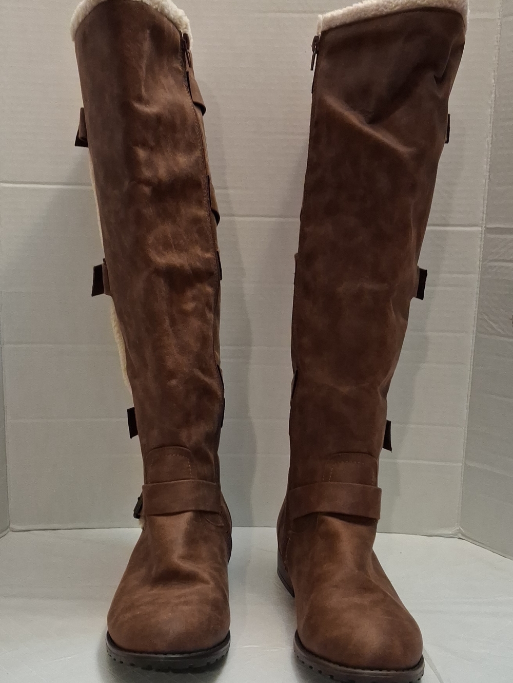 JustFab Size 10W Women Brown Over-the-Knee Faux Suede Boots with Shearling Trim